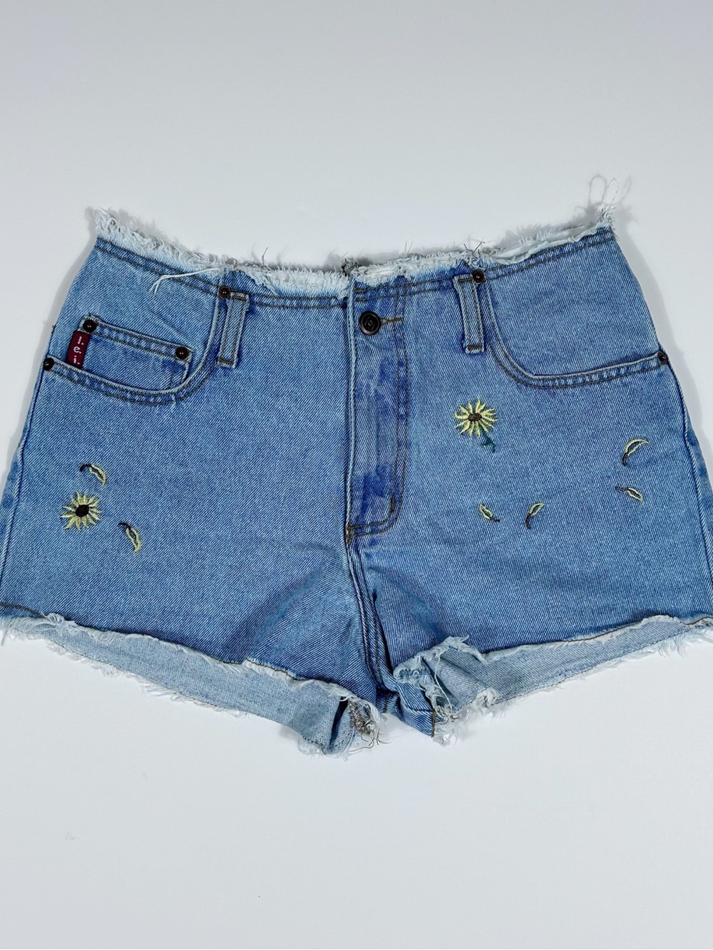 Vintage Lei Denim Cut Off Shorts Women's Size 9 Embroidered Sunflower Floral Y2K